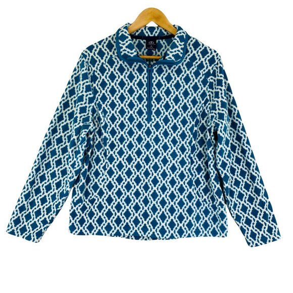Lands End Pullover Fleece Sweatshirt Large 14-16 Teal Blue White Diamond 1/4 Zip - Picture 1 of 12